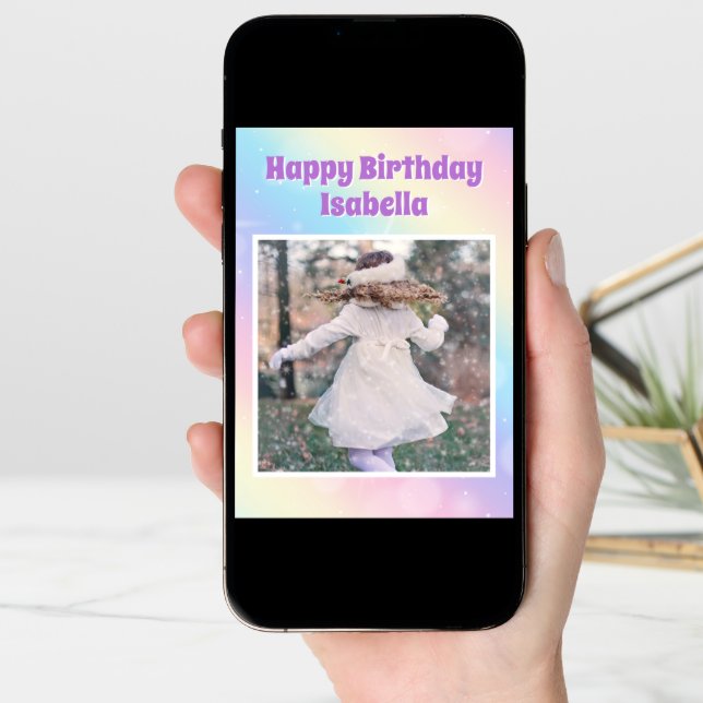 Pretty Pastel Rainbow Custom Birthday Girl Photo Card (Front Digital)