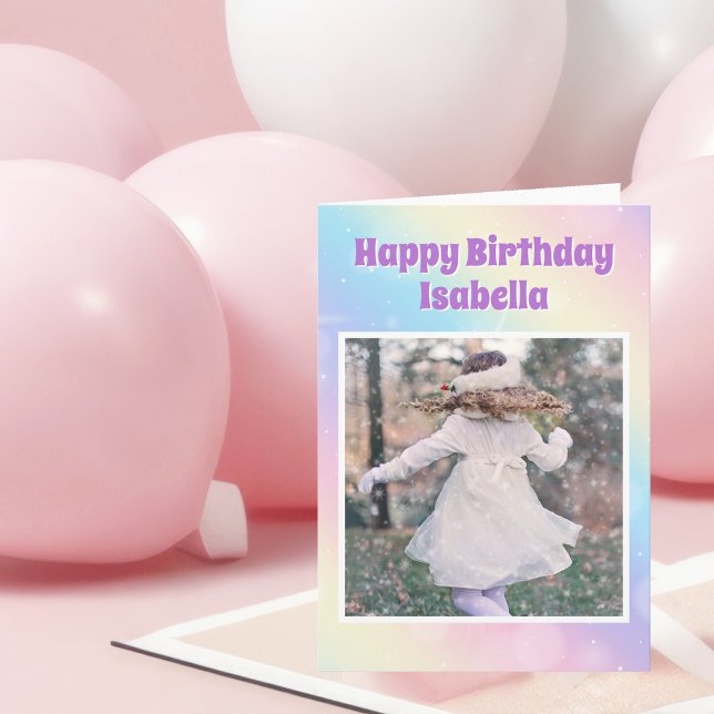 Pretty Pastel Rainbow Custom Birthday Girl Photo Card (Creator Uploaded)