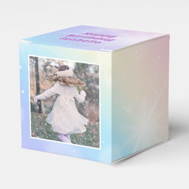 Pretty Pastel Rainbow Custom Birthday Girl Photo Favor Boxes (Front Side)