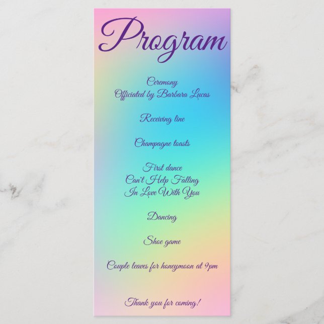 Pretty Pastel Rainbow Gradient Wedding Program (Front)