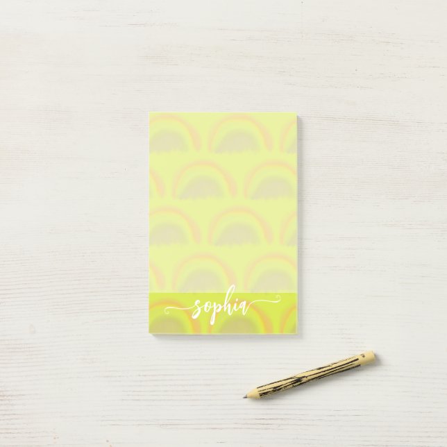 Pretty pastel rainbow pattern name personalized  post-it notes (On Desk)