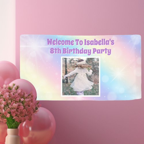 Pretty Pastel Rainbow Photo Girls Birthday Party Banner