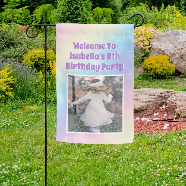 Pretty Pastel Rainbow Photo Girls Birthday Party Garden Flag (Creator Uploaded)