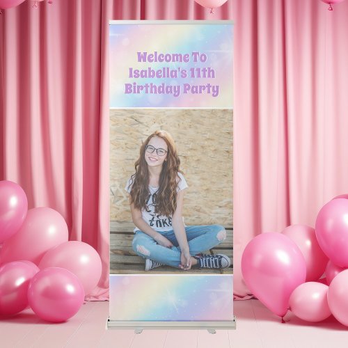 Pretty Pastel Rainbow Photo Girls Birthday Party Retractable Banner