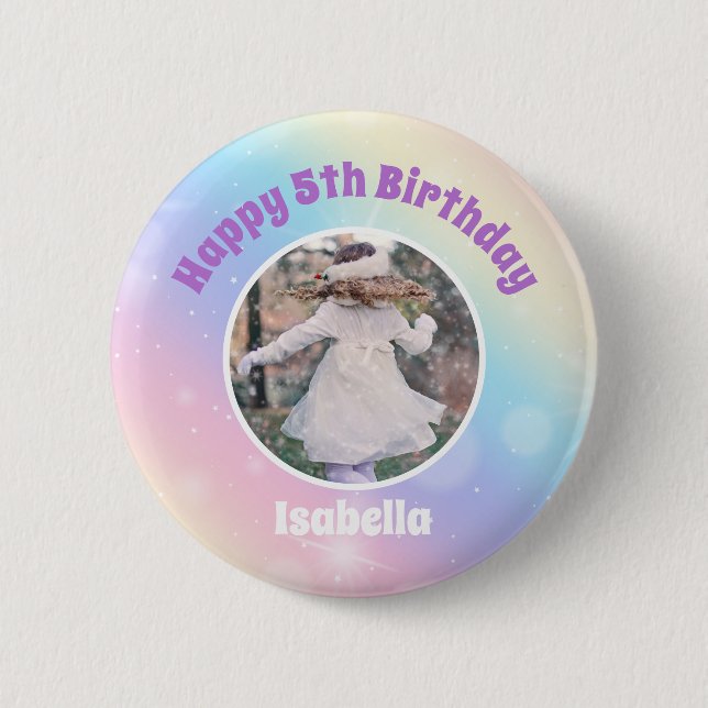 Pretty Pastel Rainbow Sparkle Kids Birthday Party Button (Front)