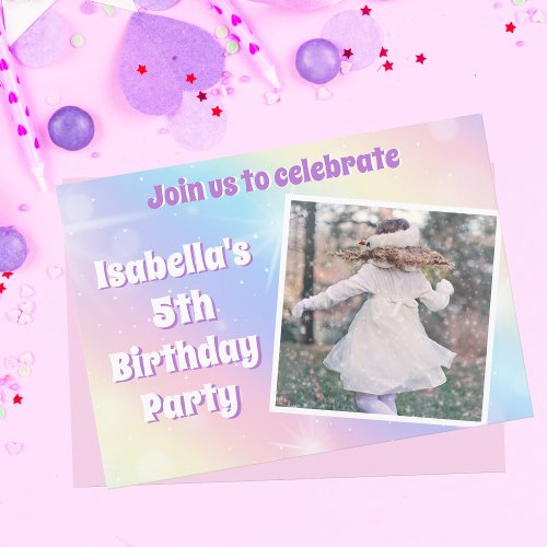 Pretty Pastel Rainbow Sparkle Kids Birthday Party Invitation