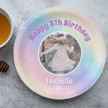 Pretty Pastel Rainbow Sparkle Kids Birthday Party Paper Plates<br><div class="desc">Celebrate your little girl's birthday with these pretty pastel rainbow sparkle party plates that feature beautiful purple letters and your child's custom photograph. This magical design exemplifies the enchantment of childhood. Add your kid's photograph for a personal touch on this cute whimsical party decor.</div>