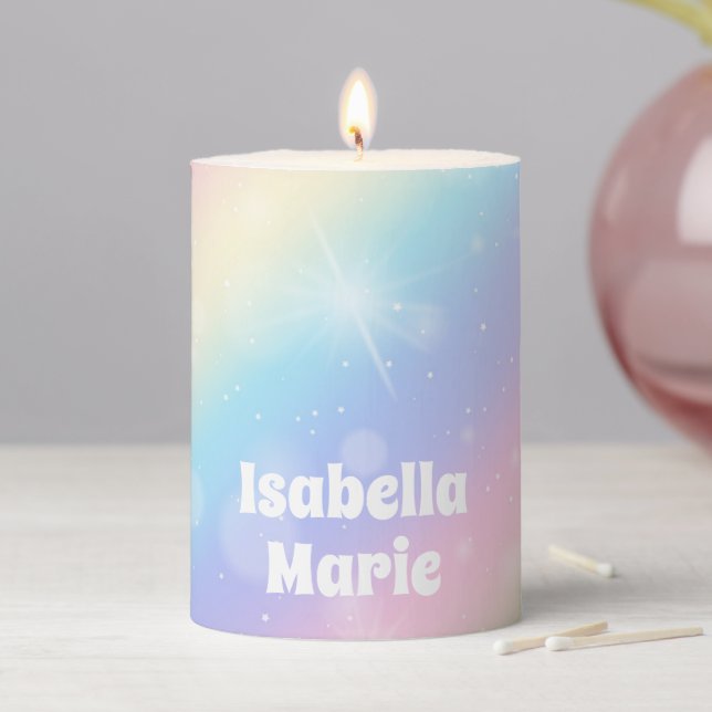 Pretty Pastel Rainbow Sparkle Personalized Gift Pillar Candle (In Situ)