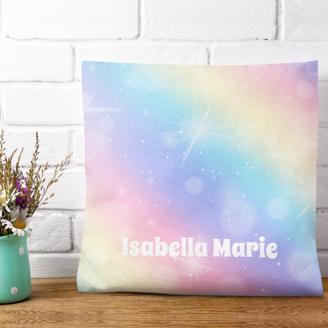 Pretty Pastel Rainbow Sparkle Personalized Girly Throw Pillow (Creator Uploaded)