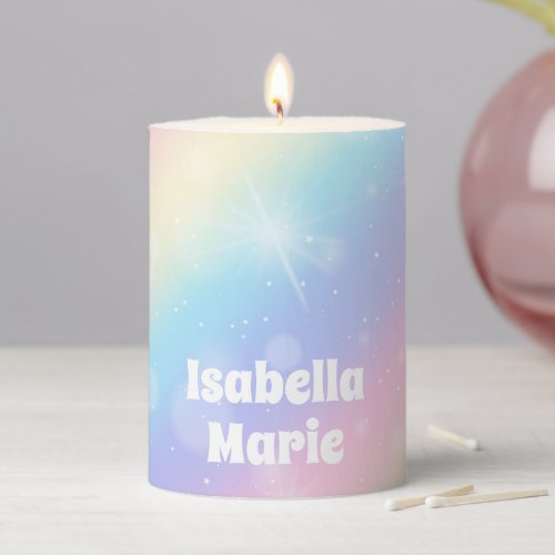Pretty Pastel Rainbow Sparkly Personalized Gift Pillar Candle