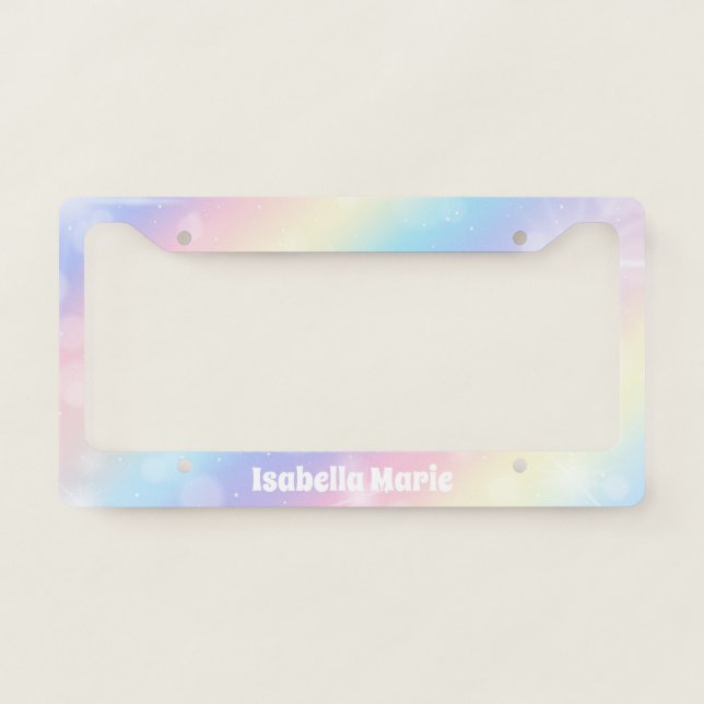 Pretty Pastel Rainbow Sparkly Personalized License Plate Frame (Front)