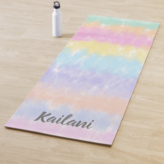 Pretty Pastel Rainbow Tie Dye Stripes Name Yoga Mat (In Situ)