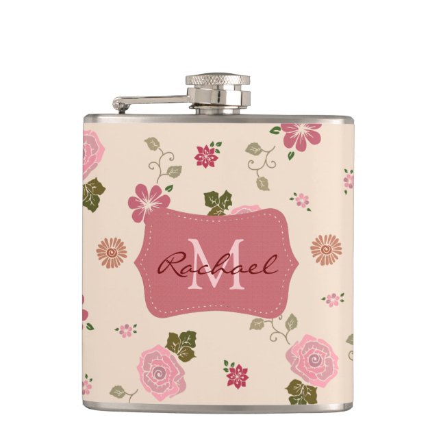 Pretty Pastel Rose Floral Pattern Personalised Flask (Front)