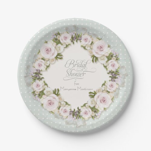 Pretty Pastel Roses Succulent Leaves w Dots Bridal Paper Plates