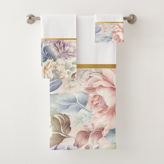 PRETTY PASTEL SPRING FLORAL BATHROOM TOWEL SET (Insitu)