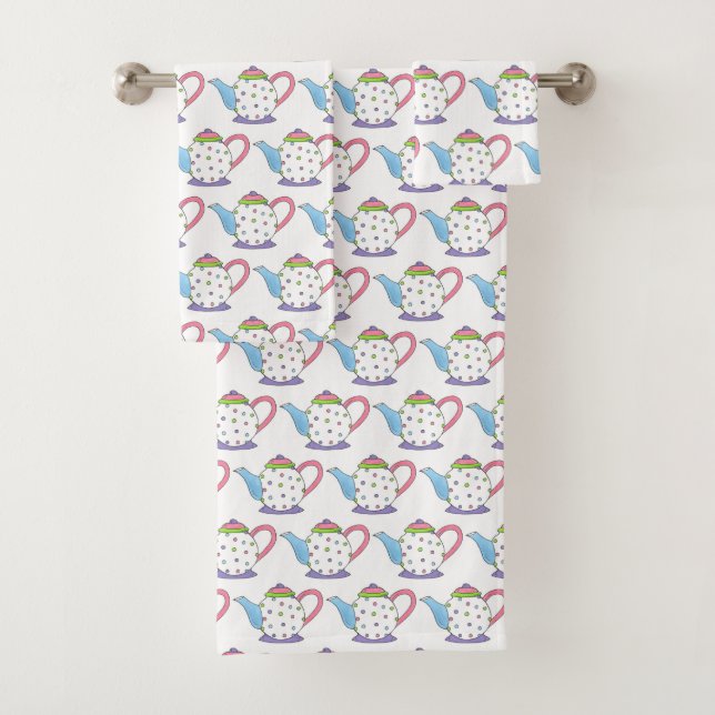 Pretty Pastel Teapot Tea Pot Party Polka Dot Pink Bath Towel Set (Insitu)