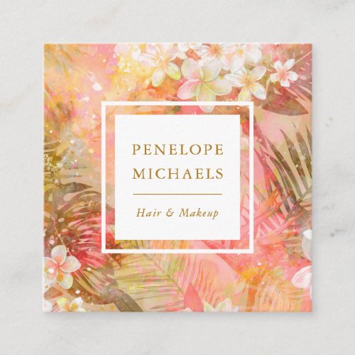 Pretty Pastel Tropical Palms and Floral Print Square Business Card