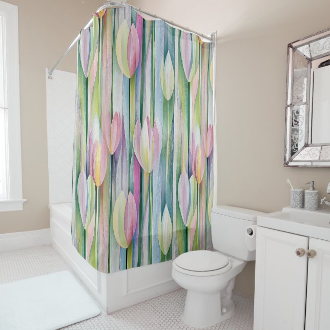 Pretty pastel tulips pattern shower curtain (In Situ)