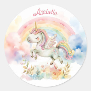 Pretty Pastel Unicorn and Rainbow Classic Round Sticker