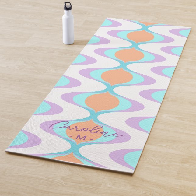 Pretty Pastel Violet Orange Aqua Blue Ogee Waves Yoga Mat (In Situ)