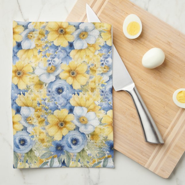 PRETTY PASTEL WATERCOLOR BLUE YELLOW FLOWERS KITCHEN TOWEL (Quarter Fold)