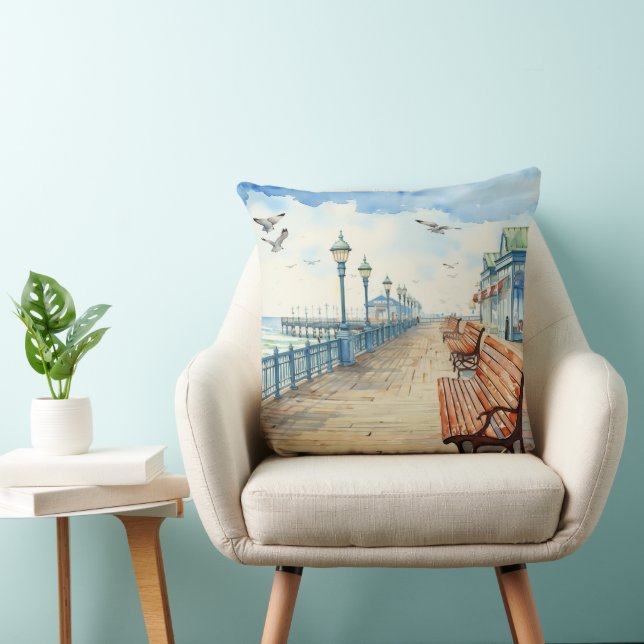 PRETTY PASTEL WATERCOLOR BOARDWALK AND BEACH THROW PILLOW (Chair)