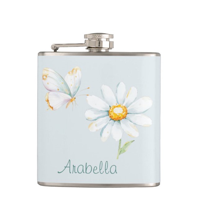 Pretty Pastel Watercolor Butterfly and Daisy Flask (Front)