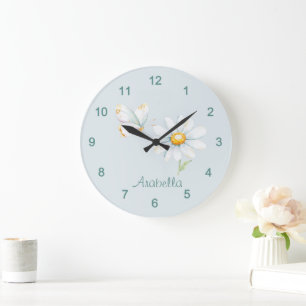 Pretty Pastel Watercolor Butterfly and Daisy Large Clock