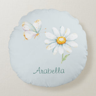 Pretty Pastel Watercolor Butterfly and Daisy Round Pillow