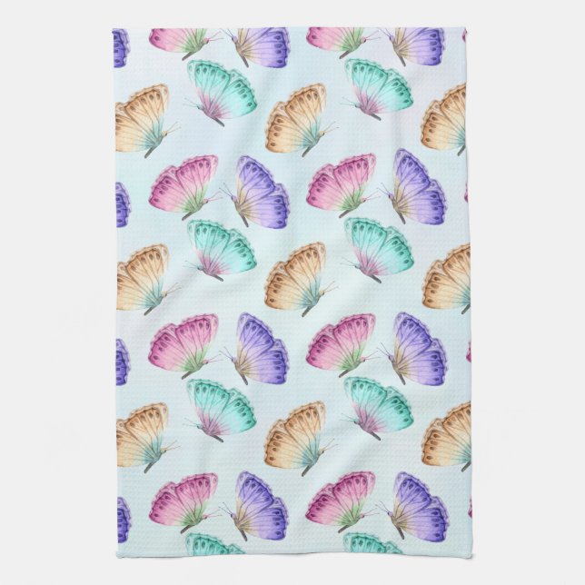Pretty Pastel Watercolor Butterfly Pattern Kitchen Towel (Vertical)