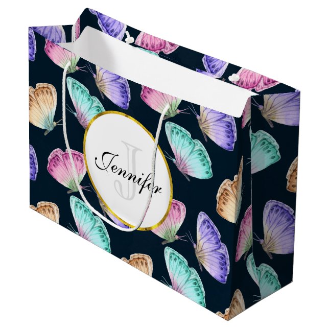 Pretty Pastel Watercolor Butterfly Pattern Large Gift Bag (Front Angled)