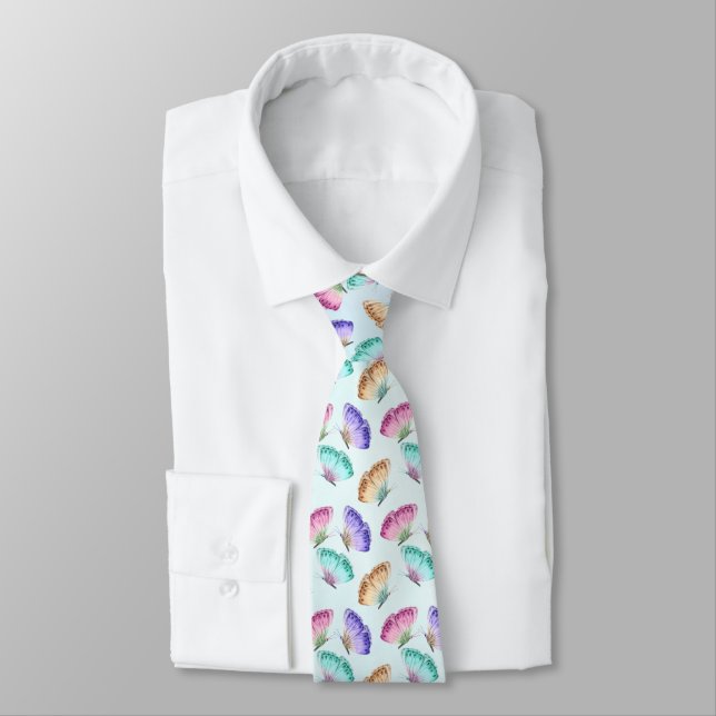 Pretty Pastel Watercolor Butterfly Pattern Neck Tie (Tied)
