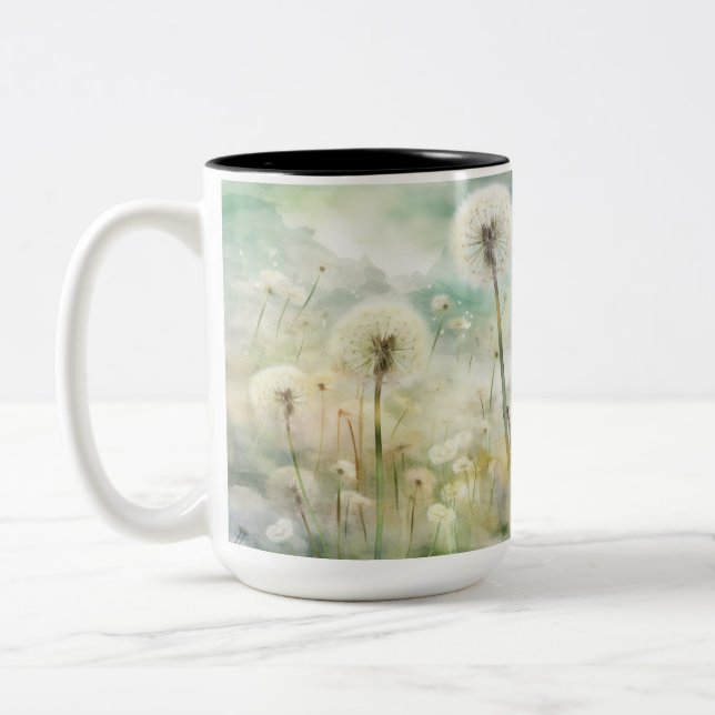 PRETTY PASTEL WATERCOLOR DANDELION FLOWERS Two-Tone COFFEE MUG (Left)