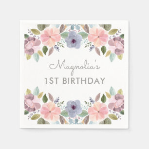 Pretty Pastel Watercolor Floral Birthday Name Napkins
