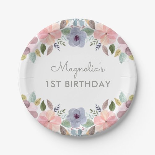 Pretty Pastel Watercolor Floral Birthday Name Paper Plates