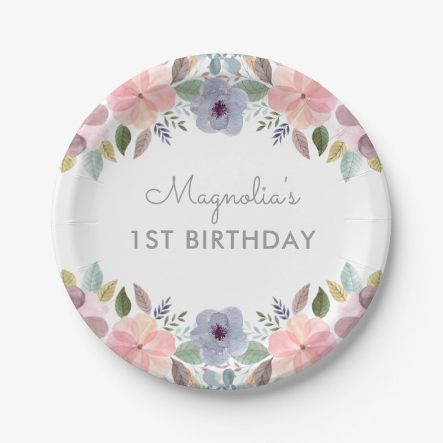 Pretty Pastel Watercolor Floral Birthday Name Paper Plates (Front)