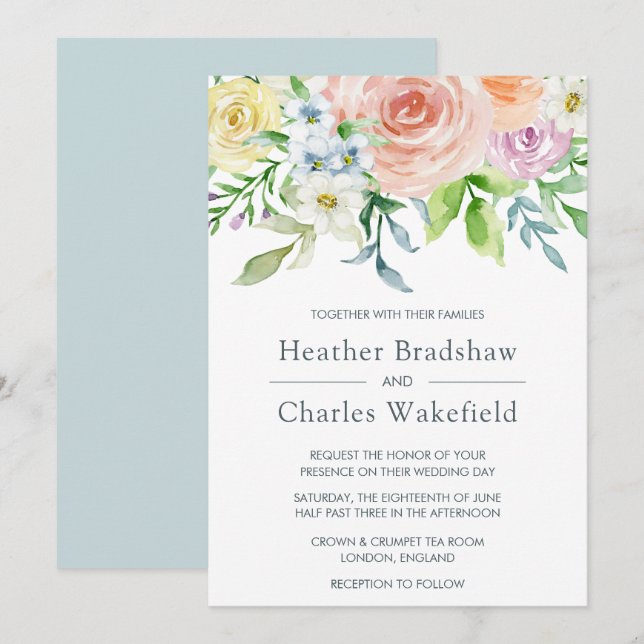 Pretty Pastel Watercolor Floral Wedding Invitation (Front/Back)