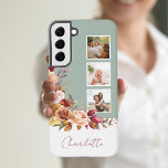 Pretty Pastel Watercolor Flowers, 3-Photos w/Name Samsung Galaxy S22  Case<br><div class="desc">Customize this pretty three-photo template design with your name or monogram on a blank label element that you can customize with the color of your choice. It features a colorful corner spray of watercolor blush, rust and ivory roses and chrysanthemums with sage green and brown foliage. Background color is also...</div>