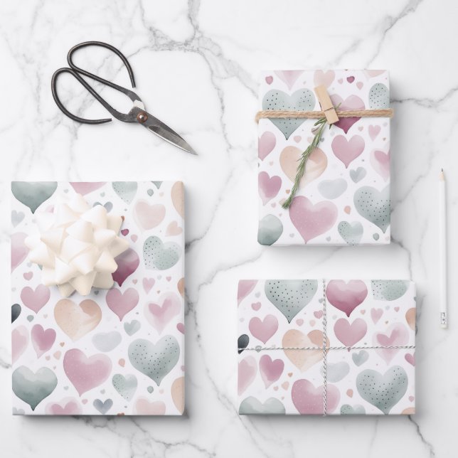 Pretty Pastel Watercolor Heart Pattern  Wrapping Paper Sheets (Front)