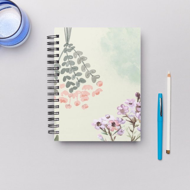 Pretty pastel watercolor paining floral greenery  notebook (Pretty pastel watercolor notebooks, cute greenery painting. Watercolor flowers for artists. )