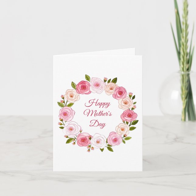 Pretty Pastel Watercolor Rose Wreath Card (Front)