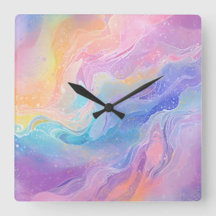 Pretty Pastel Watercolour Rainbow Liquid Pour Art Square Wall Clock