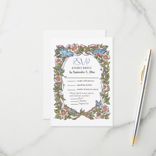 Pretty Pastel Wildflower Bird Floral Art Wedding RSVP Card