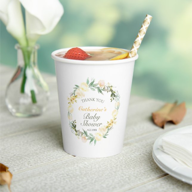 Pretty Pastel Yellow Floral Baby Shower Paper Cup (Insitu)