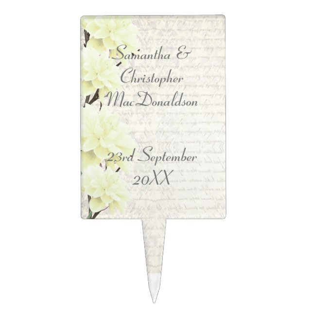 Pretty pastel yellow floral flower wedding cake topper (Front)