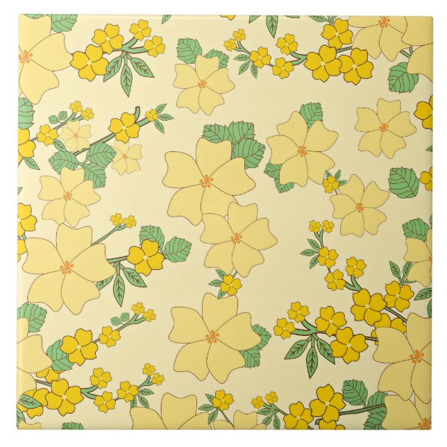 Pretty Pastel Yellow Floral Pattern, Ceramic Tile (Front)