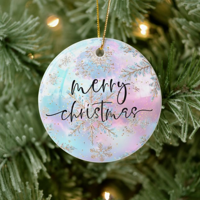Pretty pastels Gold Snowflakes Merry Christmas Ceramic Ornament (Tree)