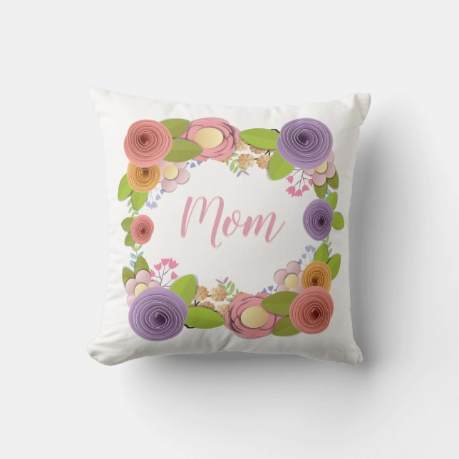 Pretty Pastels Mother's Day Flower Frame on White Throw Pillow (Front)