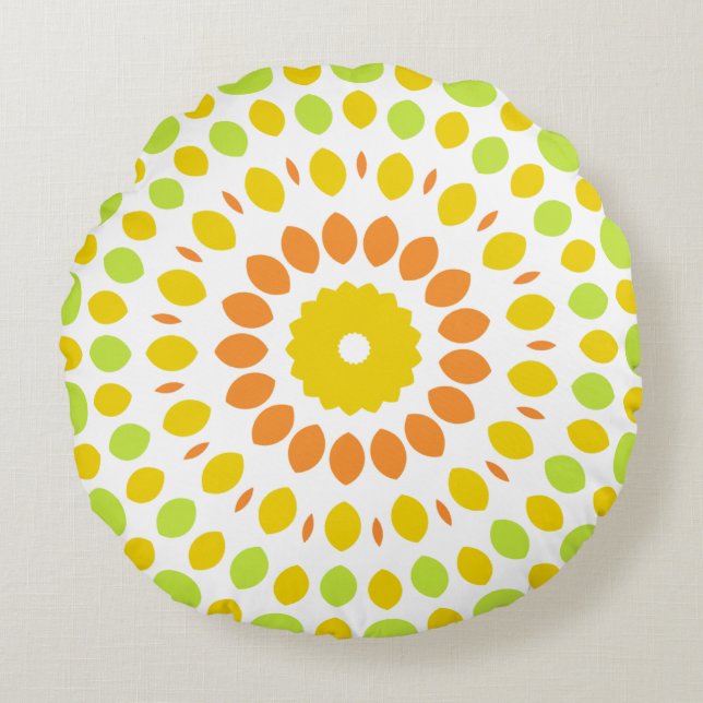 Pretty pattern in lime green, lemon yellow, orange round pillow (Front)