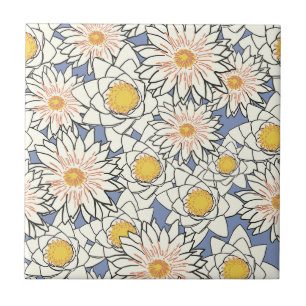 Pretty pattern of white and yellow flowers l Blue  Ceramic Tile